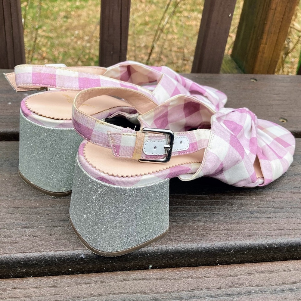 J. Crew JCrew Twisted Knot Penny Sandals Gingham Purple Silver Glitter Heel 8.5 - Picture 6 of 11